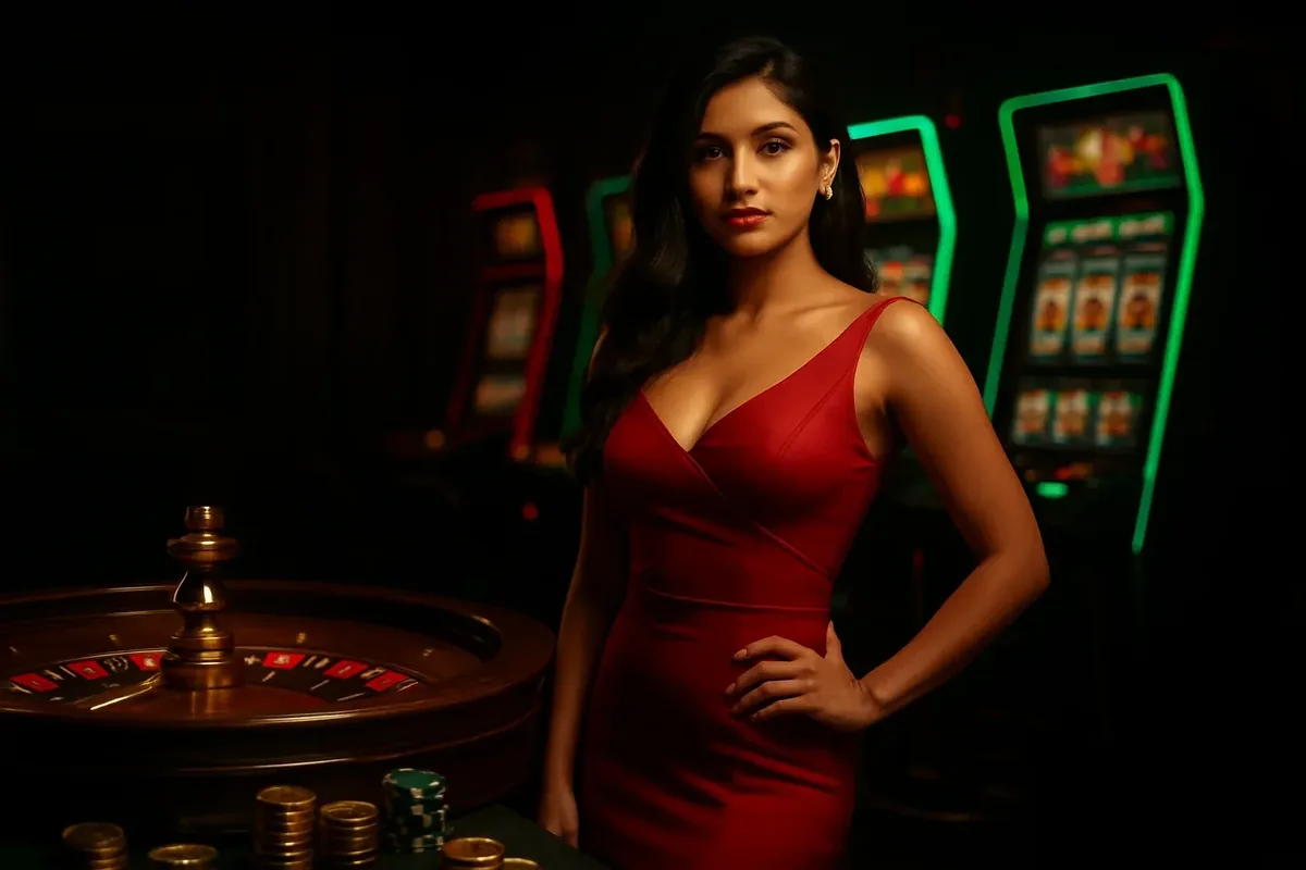 Beautiful woman in red dress standing confidently near roulette and slot machines in a luxurious Bangladesh casino with neon green and red accents, gold coins, and poker chips