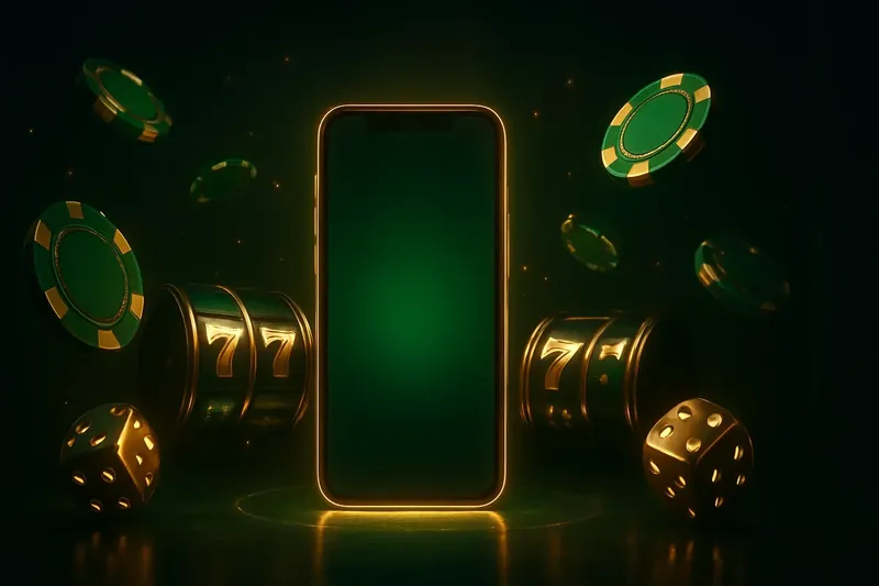 Glowing smartphone with casino chips, slot reels, and dice on dark neon background